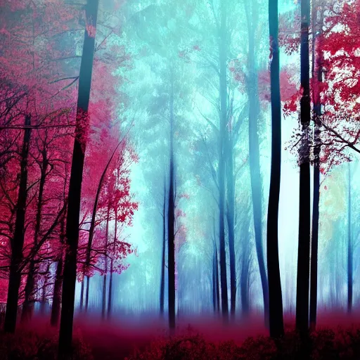 Prompt: A crimson red forest with purple clouds above it. Bright colors, cinematic lighting, other worldly.