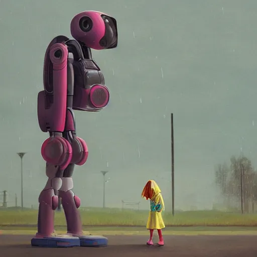 Image similar to a young girl and her tall humanoid robot going on a trip together, near a gas station, raining, detailed, cinematic, cinematic lighting, by Simon Stalenhag