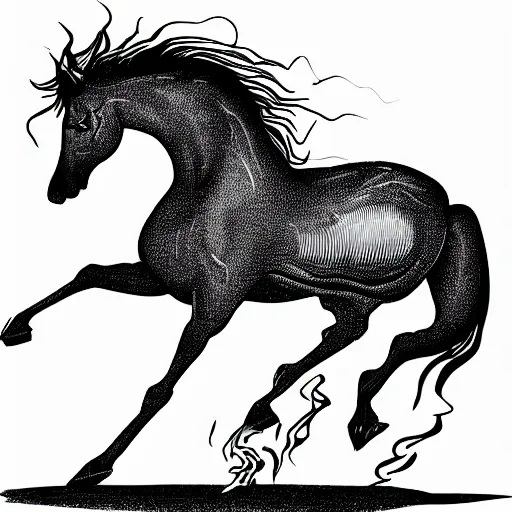 Prompt: a black and white vector based illustration by Junji Ito of a galloping flaming horse done in Adobe illustrator, black ink shading on white background