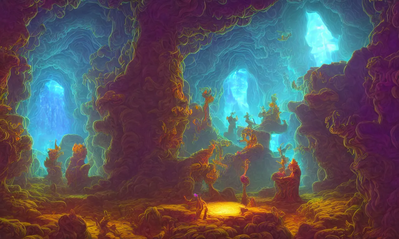 Image similar to large kerberos realm, wizard issues ticket close up, reading a directory, colorful ravine, 3 d art, digital illustration, perfect lighting