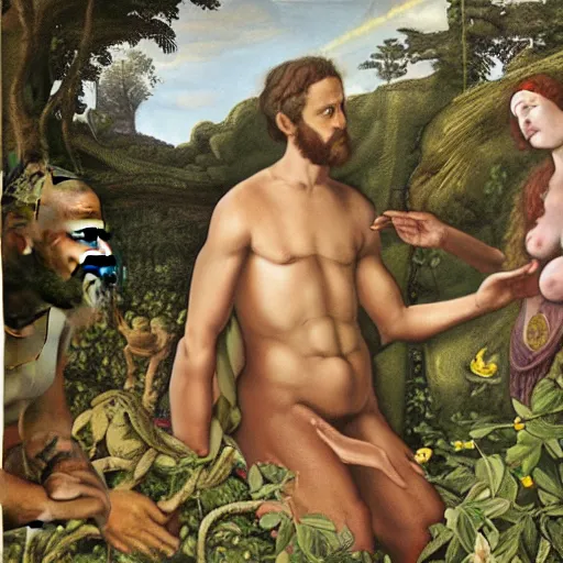 Prompt: god, contemplating adam and eve's future, in the garden of eden - photo - realistic