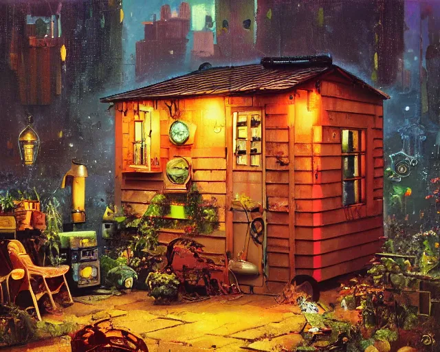 Image similar to IKEA catalogue photo of a steampunk shed, by Paul Lehr