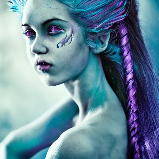 Image similar to The dragon girl portrait, portrait of young girl half dragon half human, dragon girl, dragon skin, dragon eyes, dragon crown, blue hair, long hair, highly detailed, cinematic lighting, by Gaspar Noe