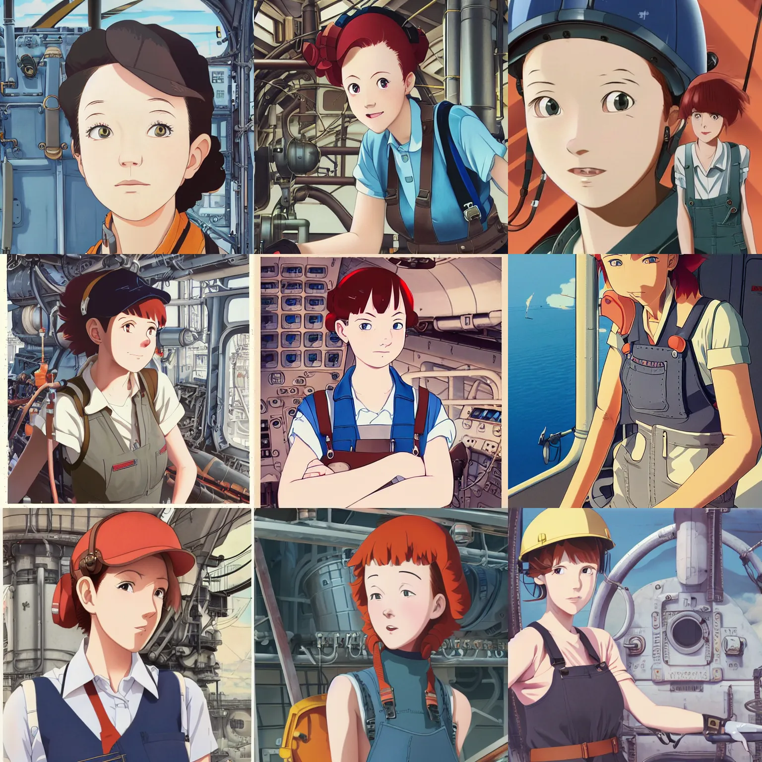 Prompt: Portrait of a tank top and dungaree-clad redheaded female airship engineer working in the lower deck of a ship, dieselpunk, defined facial features, highly detailed, animation cel, official Kyoto Animation and Studio Ghibli anime screenshot, by Ilya Kuvshinov and Range Murata