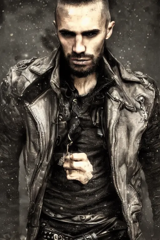 Image similar to a rugged looking young man, buzzed hair, gothic, tattered leather coat, intricate, elegant, dramatic lighting, handsome face, highly detailed, lifelike, photorealistic, digital painting, artstation, illustration, concept art, smooth, sharp focus, art by John Collier and Albert Aublet and Krenz Cushart and Artem Demura and Alphonse Mucha