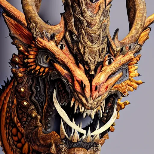 Image similar to a portrait of a dragon made of wood, detailed, fantasy, scary, realistic, frightening, ornate, horns, spikes, fluorescent colors