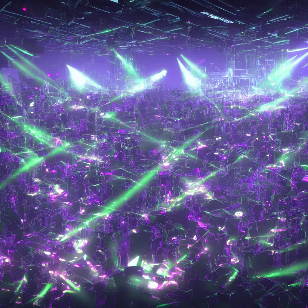 Prompt: live show of an electro band on stage with a lot of moving lights and and fantastic lighting design, concept art, unreal engine 5, highly detailed, trending on artstation