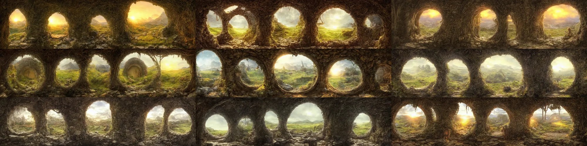 Prompt: the view from inside a hobbit hole looking out a window, by alan lee, sunset, intricate, highly detailed, digital painting, artstation, concept art, smooth, sharp focus, illustration, vfx