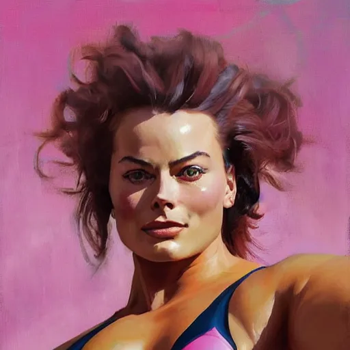 Image similar to greg manchess portrait of margot robbie as thick muscular weightlifter zarya from overwatch with ponytail and curly pink hair, medium shot, asymmetrical, profile picture, organic painting, sunny day, matte painting, bold shapes, hard edges, street art, trending on artstation, by huang guangjian and gil elvgren and sachin teng