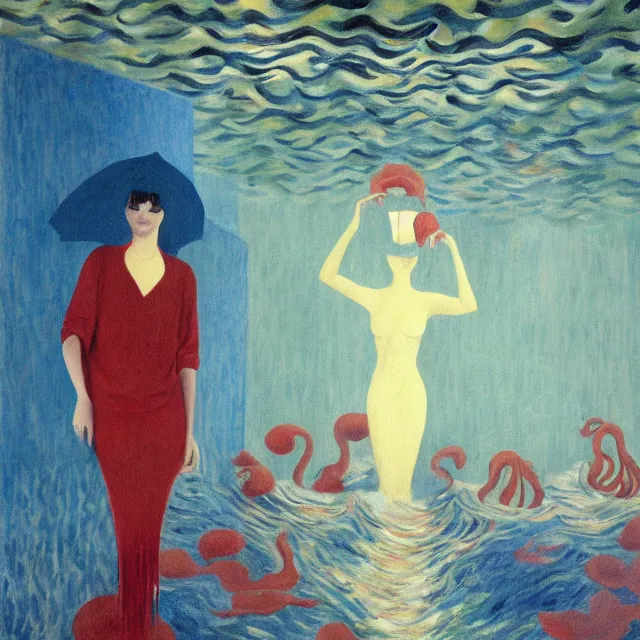 Image similar to tall female artist holding art supplies in her flooded apartment, pomegranates, octopus, water gushing from ceiling, painting of flood waters inside an artist's apartment, a river flooding indoors, candles, ikebana, zen, rapids, waterfall, black swans, canoe, berries, acrylic on canvas, surrealist, by magritte and monet