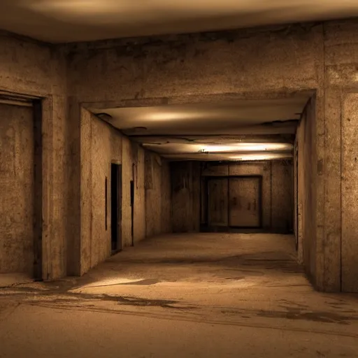 Image similar to gritty, cinematic, liminal space, 3d render, photorealism