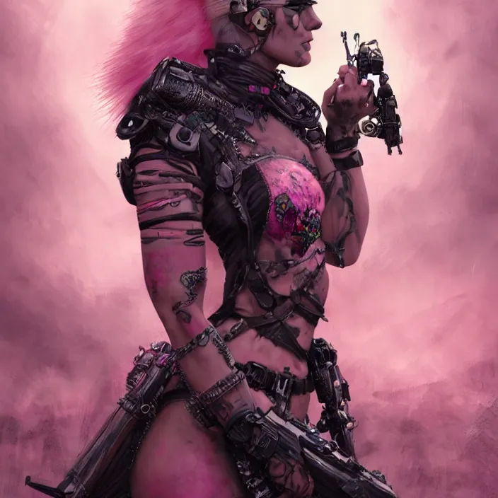 Image similar to beautiful apocalyptic woman with pink Mohawk, standing on mad max panzer tank, 4k ultra hd, fantasy dark art, tank girl, artgerm, concept art, artstation, octane render, elegant, detailed digital painting