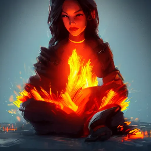 Image similar to Hot fire giantess made of fire, sitting down, shrouded humanoid sitting on her lap, fire in hand, concept art, artstation, 4k