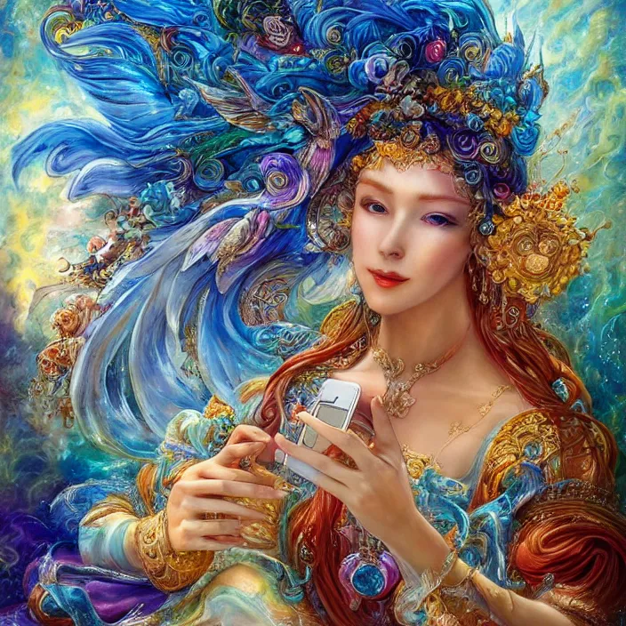 Prompt: goddess of water checking her phone, magic realism, art by josephine wall, art by huang guangjian, art by viktoria gavrilenko, art by amanda sage, trending on artstation