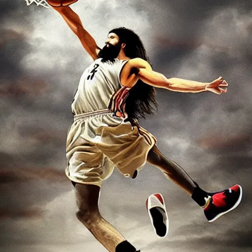 Image similar to Jesus dunking a basketball, hd