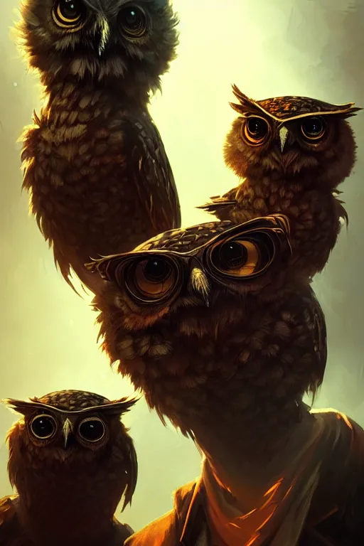 Prompt: portrait of a rock band made up of anthropomorphic owls, dramatic lighting, highly detailed, digital painting, artstation, concept art, smooth, sharp focus, illustration, art by wlop, mars ravelo and greg rutkowski