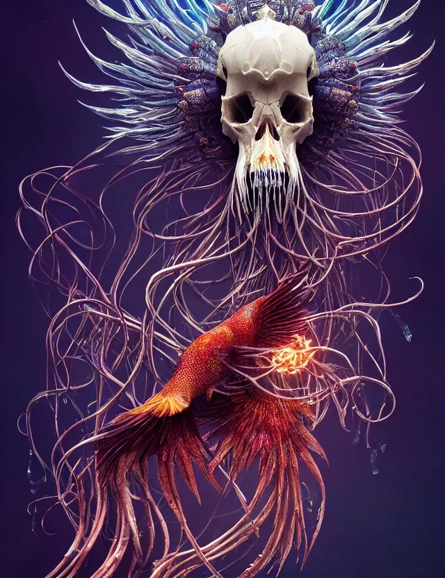 Image similar to witch phoenix macro close - up portrait with crown made of ram skull. phoenix, betta fish, jellyfish, plasma, ice, water, wind, creature, super intricate ornaments artwork by tooth wu and wlop and beeple and greg rutkowski