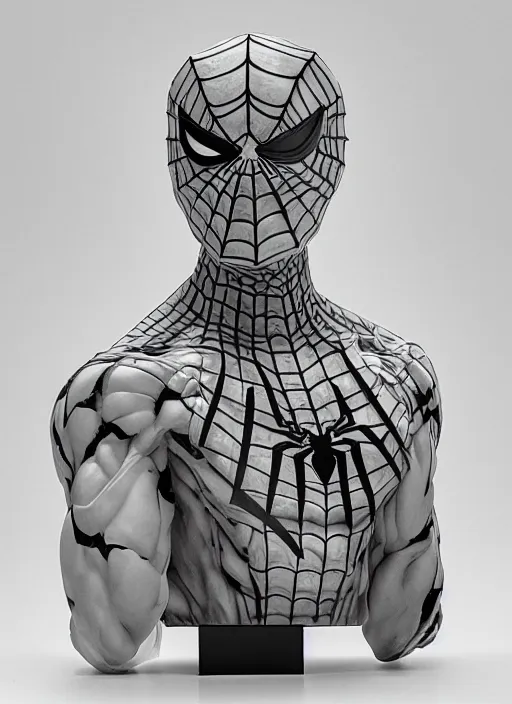 Prompt: an orthographic bust white marble sculpture of spider man, by Wes Anderson