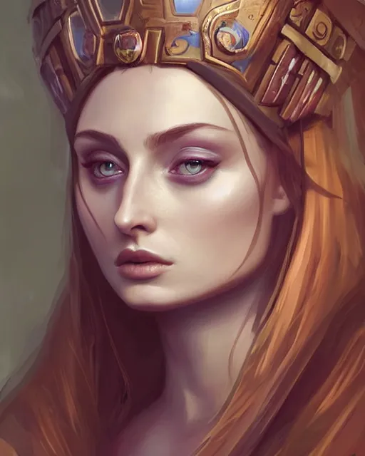 Prompt: a stunning portrait of Sophie Turner as an ancient greek priestess, digital art by Ross Tran and Angel Ganev, highly detailed, trending on artstationhq