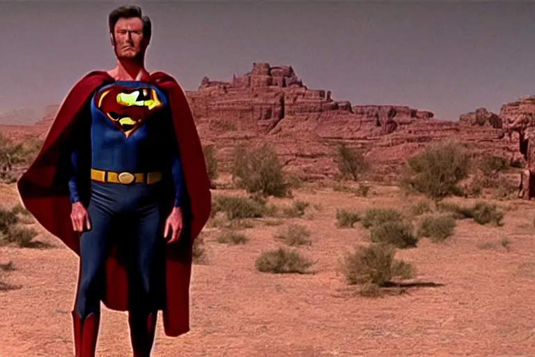 Prompt: clint eastwood as superman in the good the bad and the ugly, western film, hyper - detailed, smooth, sharp focus, 4 k ultra hd