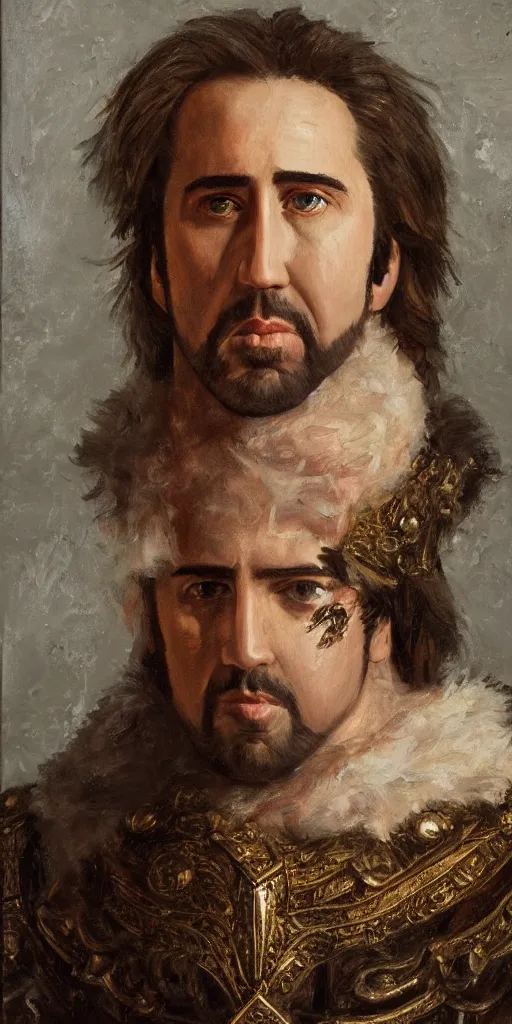 Prompt: Romantic-period style portrait of Nicholas Cage playing Alexander the Great, trending on artstation, oil painting masterpiece, symmetry, fractals, Greek iconography