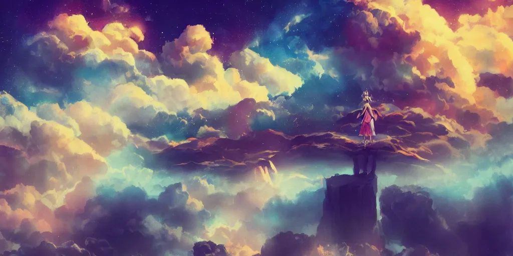 Prompt: african kingdom ascending from clouds, olympus platform, standing on a cloud, symmetrical!!, anime, prism highlights, depth of field, cinematic, filmic, vsco, concept art, art station, digital painting, elegant, epic, focus