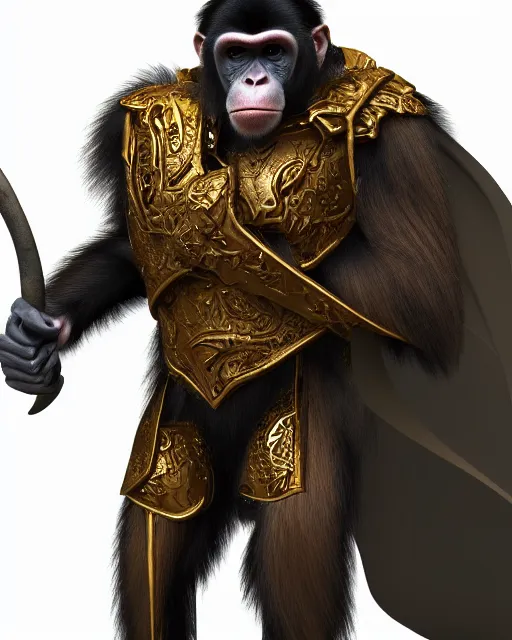 Image similar to fury art, an anthro ape monkey wearing a large cape and a fantasy armor, jungle background, 3 d, 8 k, extremely detailed, trending on furaffinity, trending on artstation, award winning, sharp focus, illustration