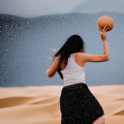 Image similar to a photo of a female doing basket in the desert while it's raining, 5 0 mm lens, f 1. 4, sharp focus, ethereal, emotionally evoking, head in focus, volumetric lighting, 8 k