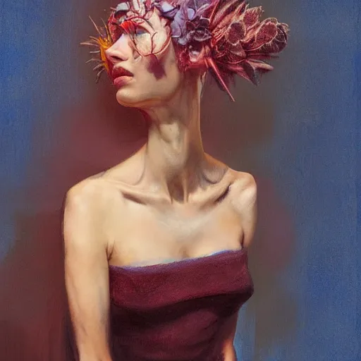 Image similar to a beautiful woman bathed in blue light and standing in a burgundy room looking vacant by arcimboldo, david lynch, greg rutkowski, trending on artstation