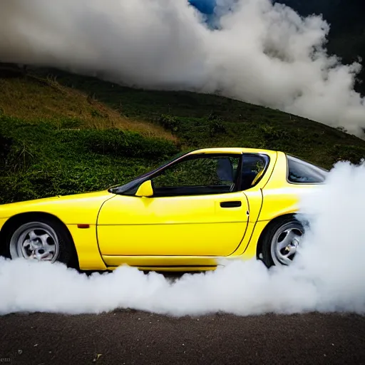 Prompt: Yellow 1993 Mazda RX7 drifting through quindio\'s mountains with a cloud of white smoke coming out of the rear tires, photography, 8k
