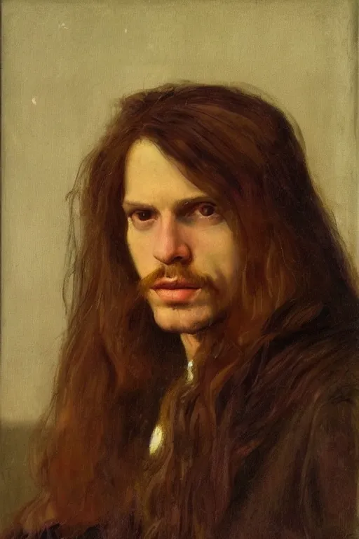 Image similar to a painting of a man with long hair, a portrait by Robert Lenkiewicz, cg society, pre-raphaelitism, da vinci, studio portrait, oil on canvas