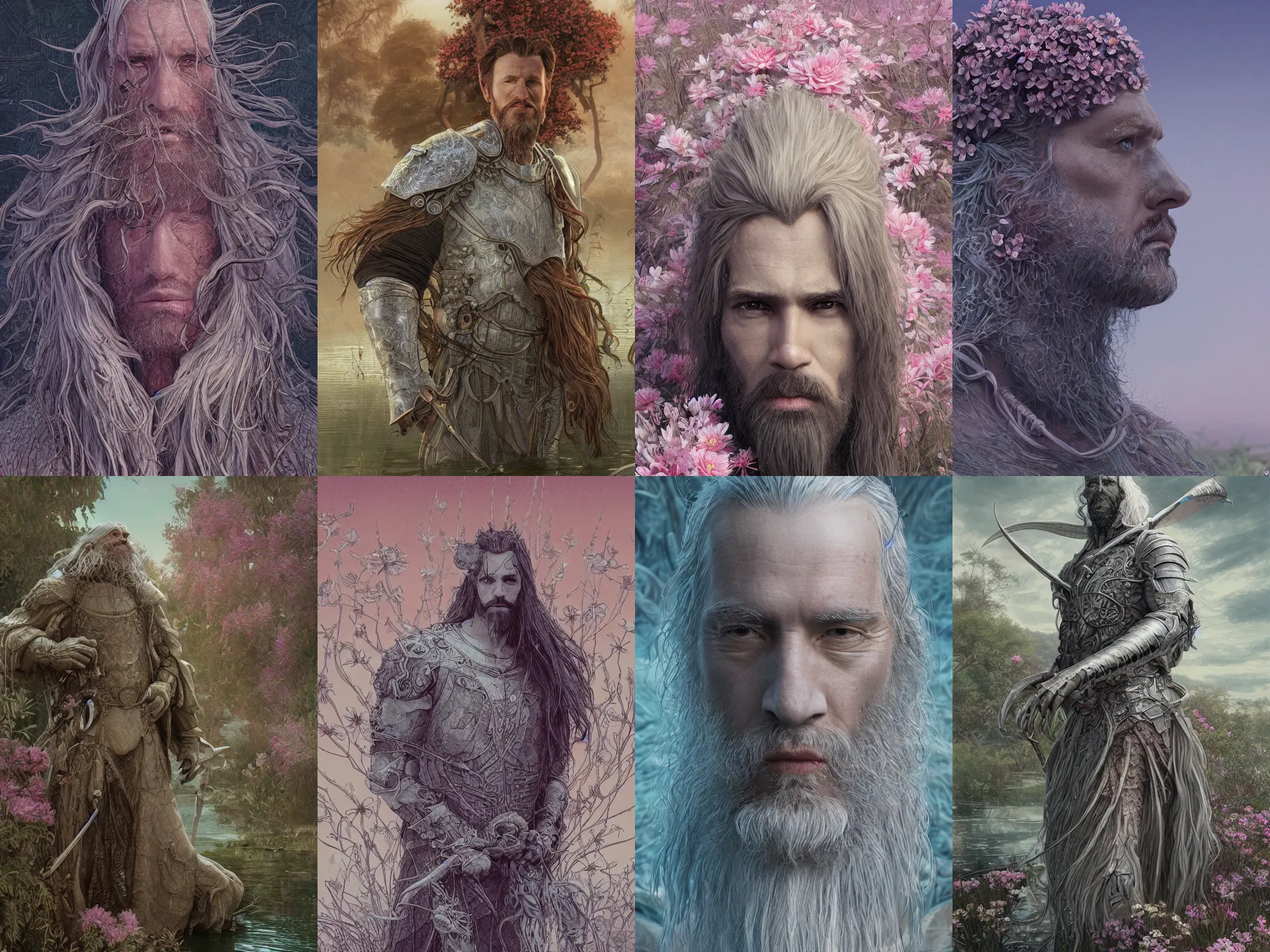 Prompt: a portrait of a white knight with long hairs, a pond with flowers in the background, art by James Jean and Wayne Barlowe, high detail, cinematic, cgsociety 8k