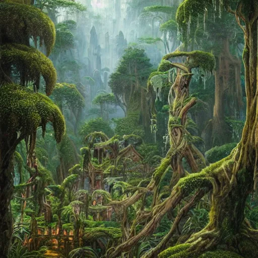 Image similar to a beautiful and highly detailed oil painting of an overgrown elven forest temple in the misty mountains, detailed plants and trees and flowers, intricate details, epic scale, insanely complex, 8 k, sharp focus, hyperrealism, fantasy landscape, psychedelic patterns, by caspar friedrich and james gurney,