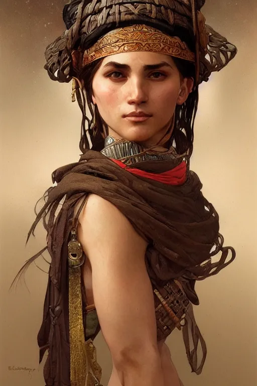 Image similar to A full portrait of an ancient arabian scout, intricate, elegant, highly detailed, digital painting, artstation, concept art, smooth, sharp focus, illustration, art by Krenz Cushart and Artem Demura and alphonse mucha