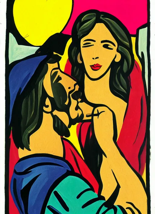 Image similar to painting of jesus being seductively unrobed by a mysterious woman, 8 k cel shading, pivix, in the style of ernst ludwig kirchner