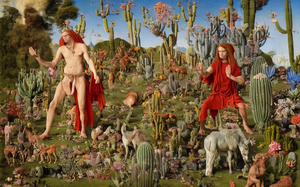 Image similar to photograph of a meditating centaur shaman and a striped werewolf feeding animals. surrounded by bulbous flowers, animals and a few trees and cacti. river delta with cliffs under a blue sky of burning stars. painted by jan van eyck, max ernst, ernst haeckel, ernst fuchs and artgerm. trending on artstation, trending on cgsociety