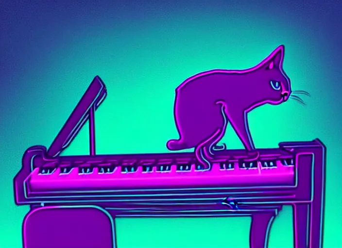 Image similar to cat [ playing a piano ], [ synthwave art style ]!!, trending on cgsociety, neon art style, [ bioluminescent colors ]!!, 4 k surrealism