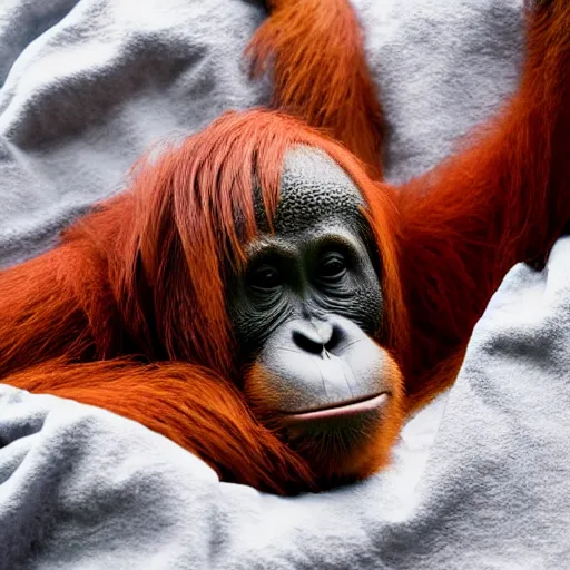 Image similar to photograph of an orangutan just waking up in a bed full of blankets, 4 k, full hd, highly detailed, close up