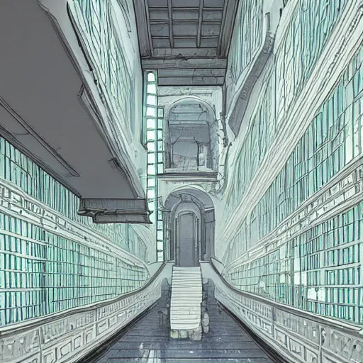 Image similar to a flood of slime in a bright white hallway with many doors and many stairs, Mc Escher architecture, epic composition, by Makoto Shinkai