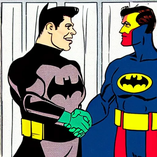 Image similar to batman shaking hands with ronald reagan