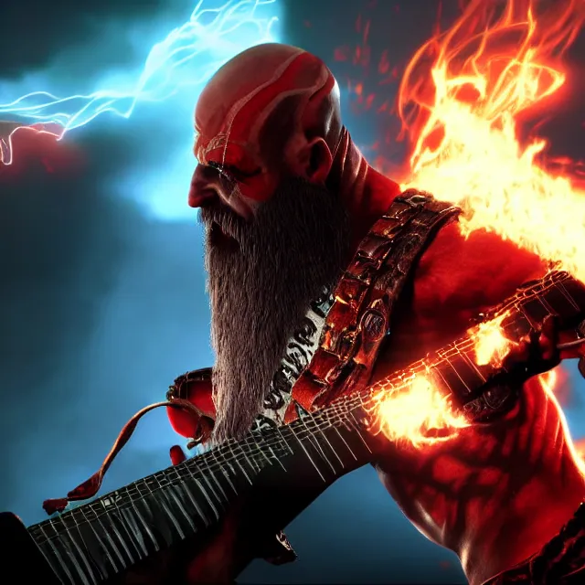 Prompt: glowing demon eyes kratos shredding on a flaming stratocaster guitar, cinematic render, god of war 2 0 1 8, santa monica studio official media, flaming eyes, lightning