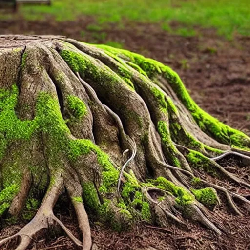 Image similar to a hand made of tree roots growing out of the ground