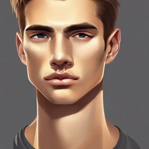 Image similar to man in his twenties with brown blond short quiff hair and thin slightly round facial structure with cleft chin, straight eyebrows and prominent nose, good definition of cheekbones, big hazel nut brown eyes, narrow face, slim body, atmospheric lighting, painted, intricate, 4k, highly detailed by Charlie Bowater