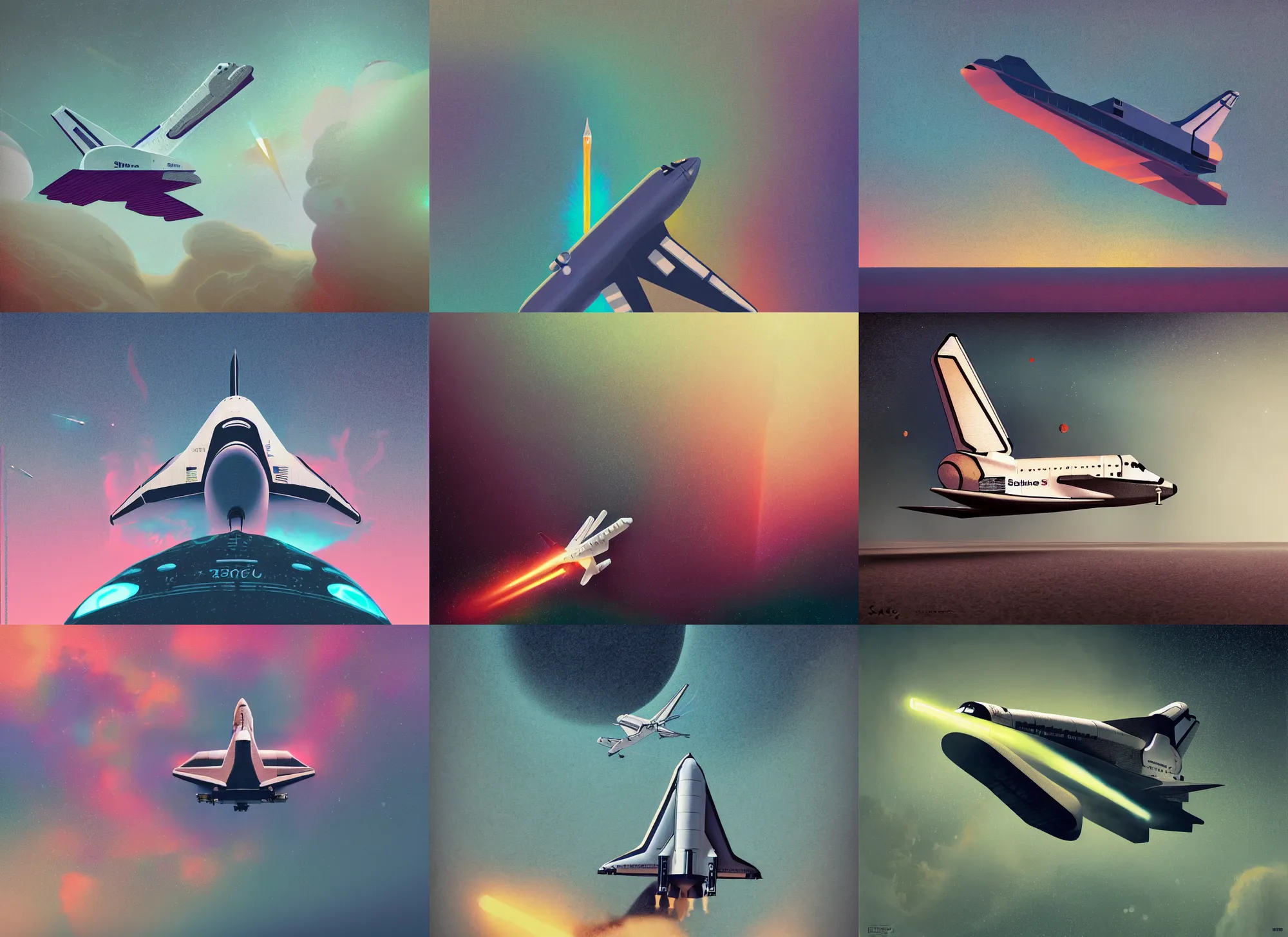 Prompt: realistic photo of the spaceshuttle launching, colorful, modern art deco, mads berg, karolis strautniekas, christopher balaskas, stippled light, moody, fine texture, editorial illustration, dramatic lighting, dynamic composition, detailed, matte print, dynamic perspective, muted color, ( ( victo ngai ) ), low fog