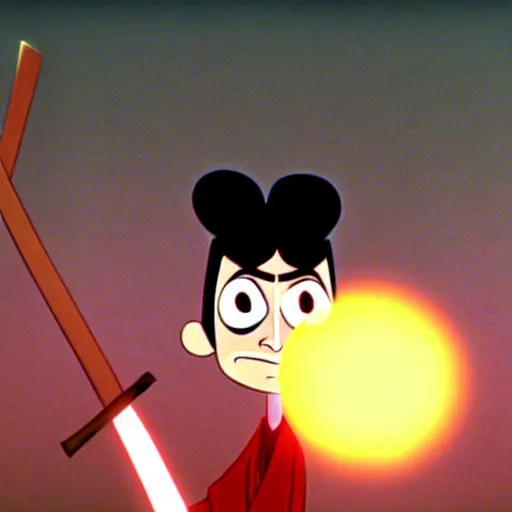 Image similar to mr. bean as samurai jack. movie still. cinematic lighting.