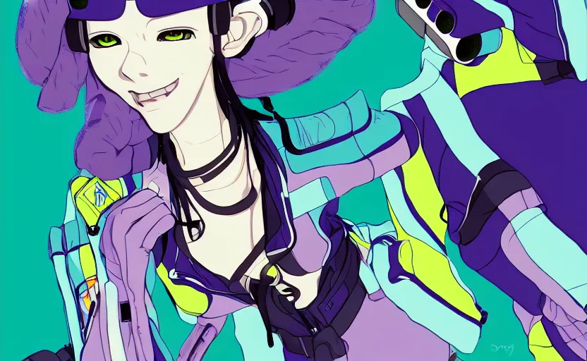 Prompt: a film still portrait of a mauve jet set radio girl. detailed features, closeup at the faces, chronenberg, perfect art, grimdark, trending on pixiv fanbox, painted by studio ghibli
