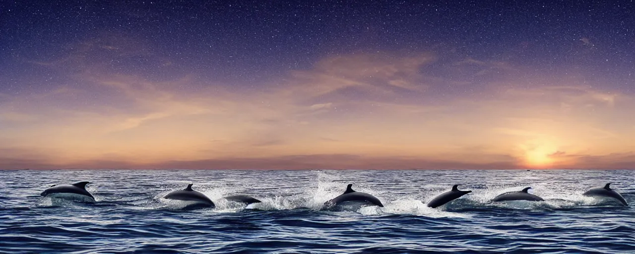 Image similar to pod of dolphins with tails swimming in a calm tropical ocean with a distant coastal city skyline visible in the background at night with a clear star filled sky