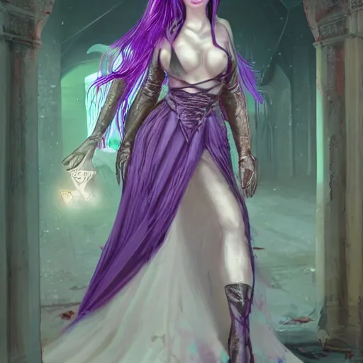 Image similar to Pale Sorceress with long dark hair walking within an abandoned and decayed medieval temple. She wears a purple dress adorned in jewelry flashing gold, trending on artstation, dark fantasy