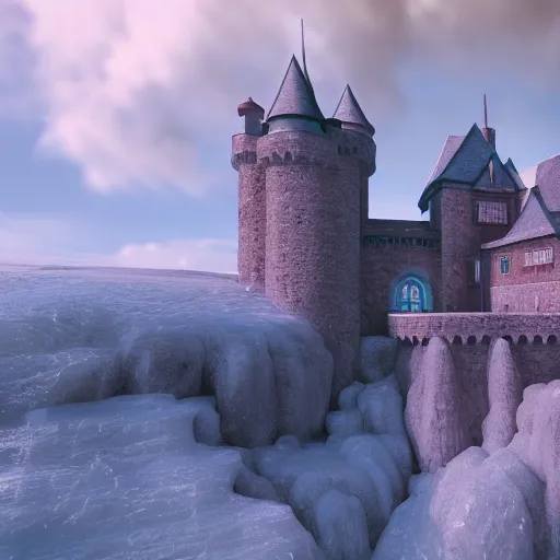 Prompt: A beautiful castle made of ice with mountains in the distance, 4k, soft lighting, cinematic, detailed, 3d render
