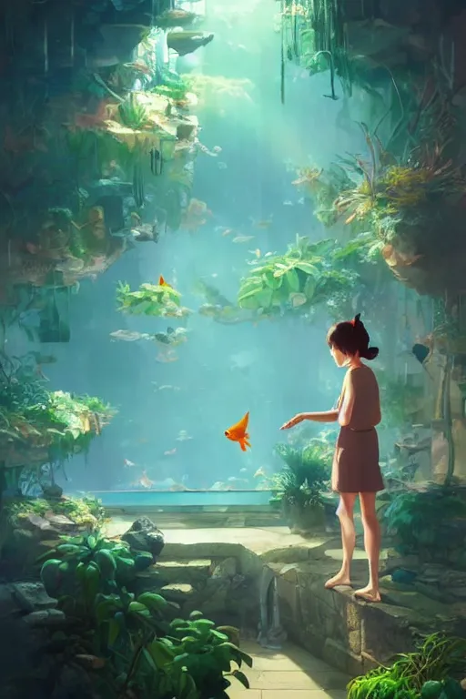 Prompt: beautiful scene render of a person looking at the goldfish in the fish tank, dimly lit bedroom, green plants, perfectly shaded, atmospheric lighting, style of makoto shinkai and peter mohrbacher, studio ghibli. artgerm, karol bak, beeple, animation style, 8 k hd, ultra wide angle, hyper detailed